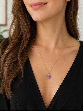 Gold Tone Chain Necklace with Purple Glass Pendant Minimalist Jewelry